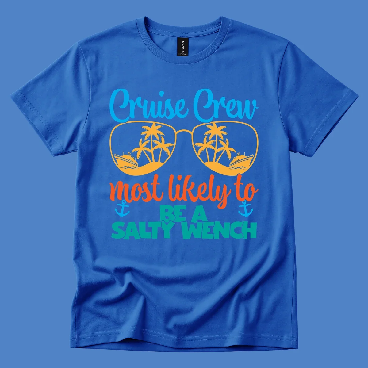 Salty wench cruise crew design with sunglasses containing palm trees and ships, tropical vacation humor graphic
