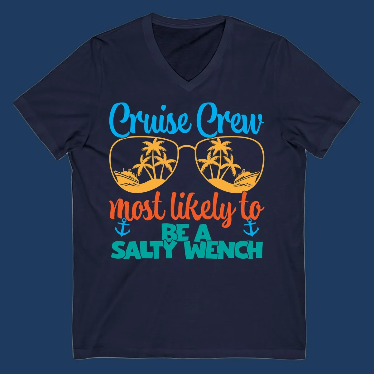 Salty wench cruise crew design with sunglasses containing palm trees and ships, tropical vacation humor graphic
