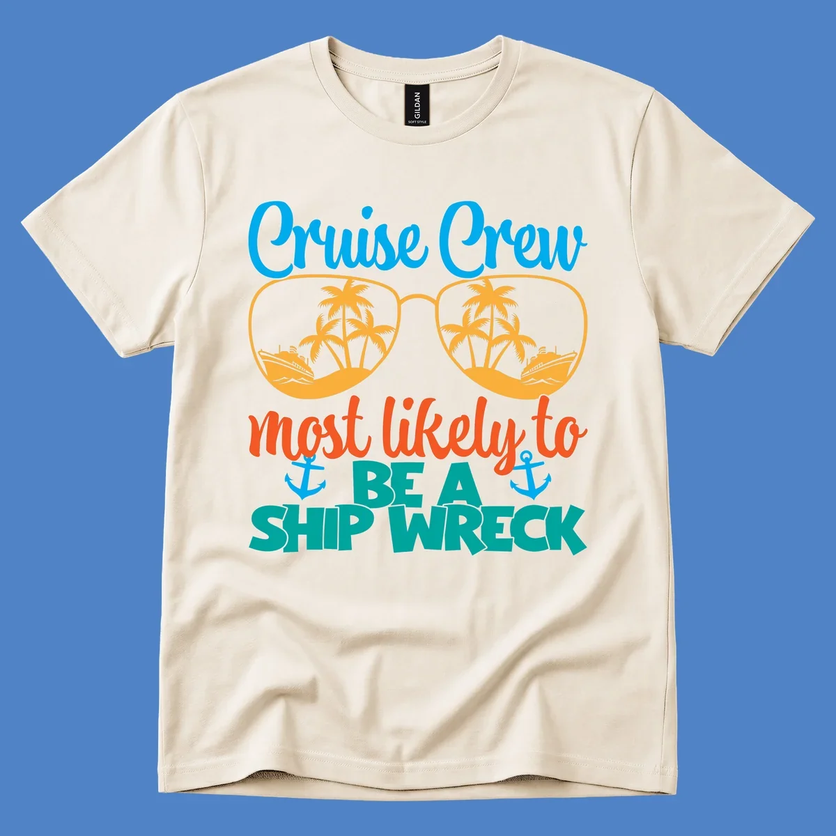 Colorful cruise crew ship wreck design with oversized sunglasses showing palm trees and ships, humorous nautical text