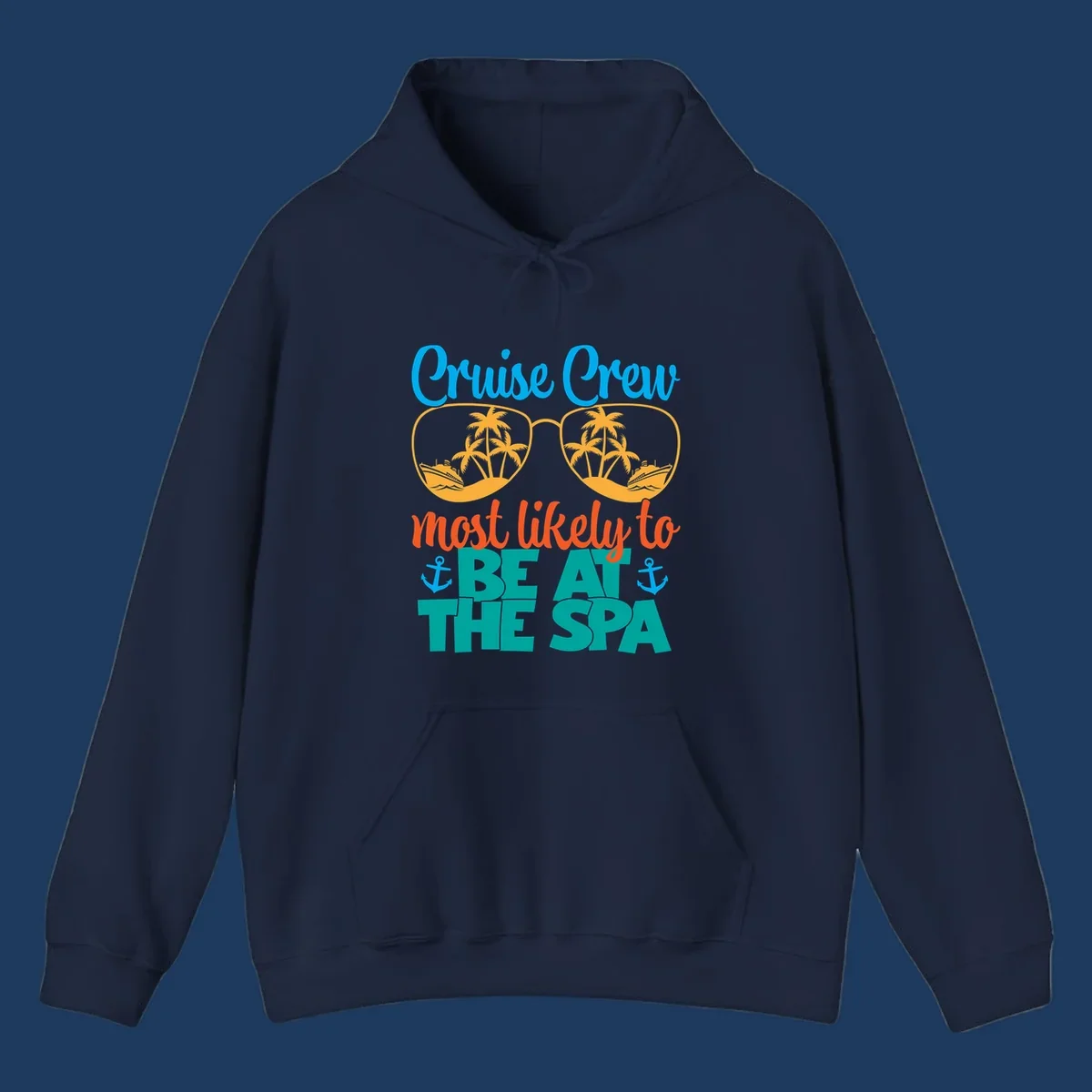Cruise crew sunglasses design with palm trees and ships, text reads 'Most likely to be at the sea' with anchors