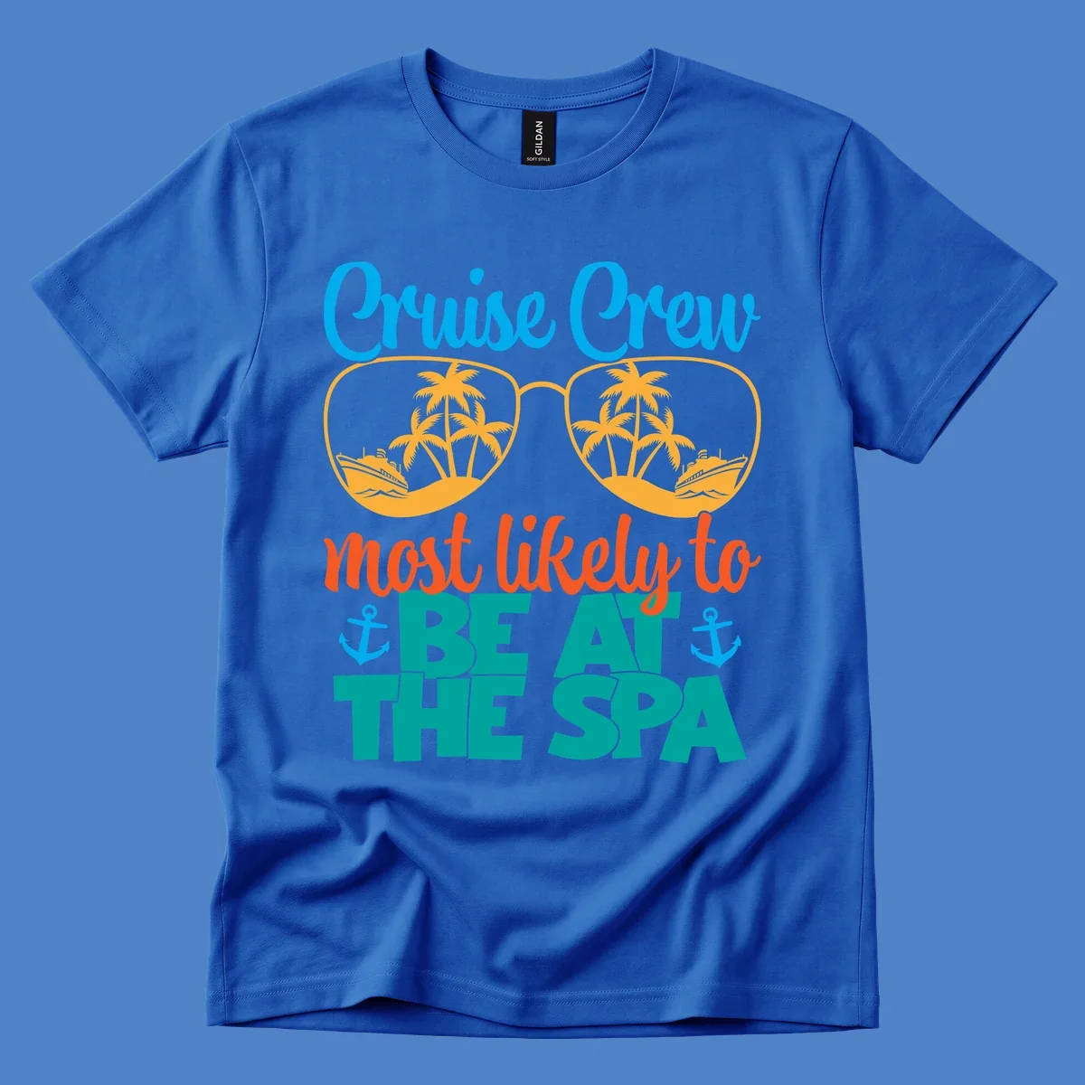 Cruise crew sunglasses design with palm trees and ships, text reads 'Most likely to be at the sea' with anchors