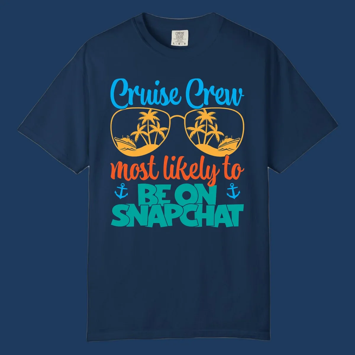 Colorful cruise crew snapchat design with sunglasses containing palm trees and ships, tropical nautical theme