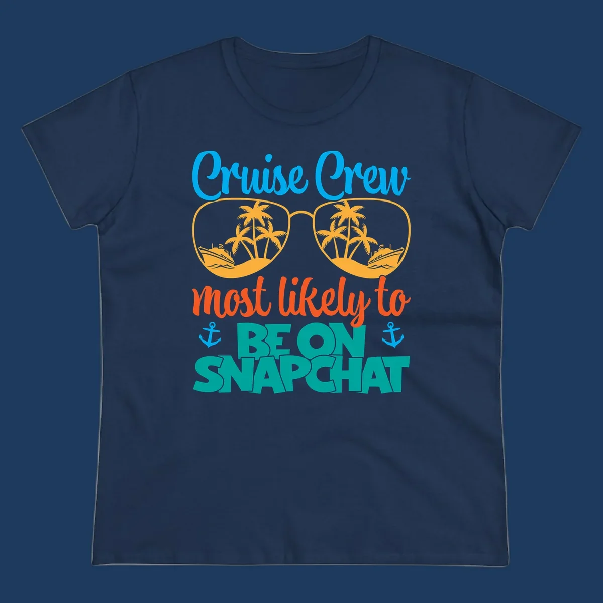 Colorful cruise crew snapchat design with sunglasses containing palm trees and ships, tropical nautical theme