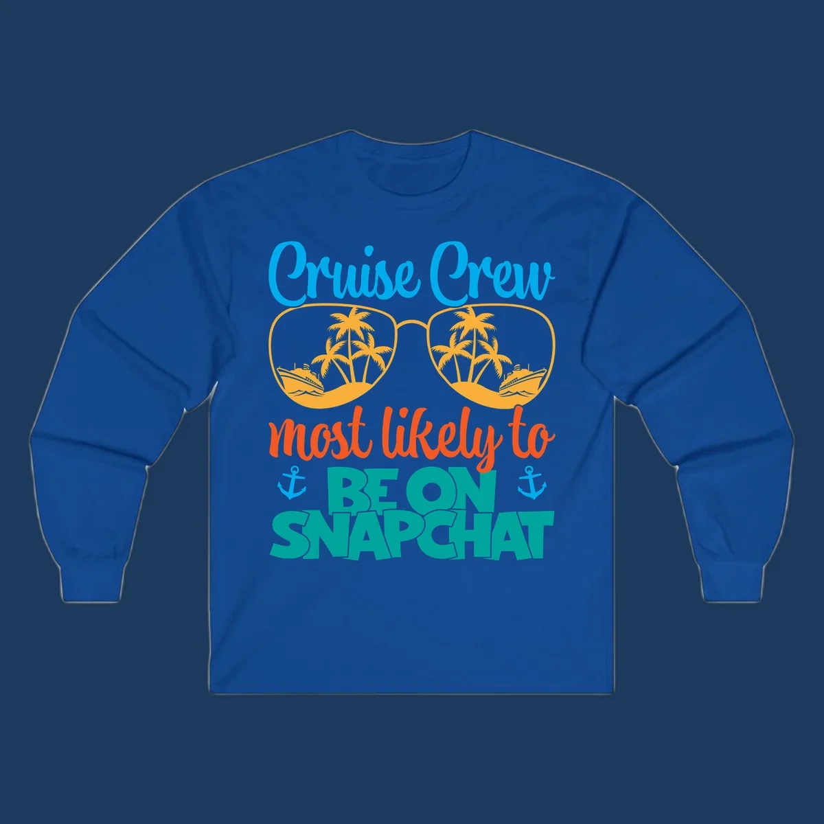 Colorful cruise crew snapchat design with sunglasses containing palm trees and ships, tropical nautical theme