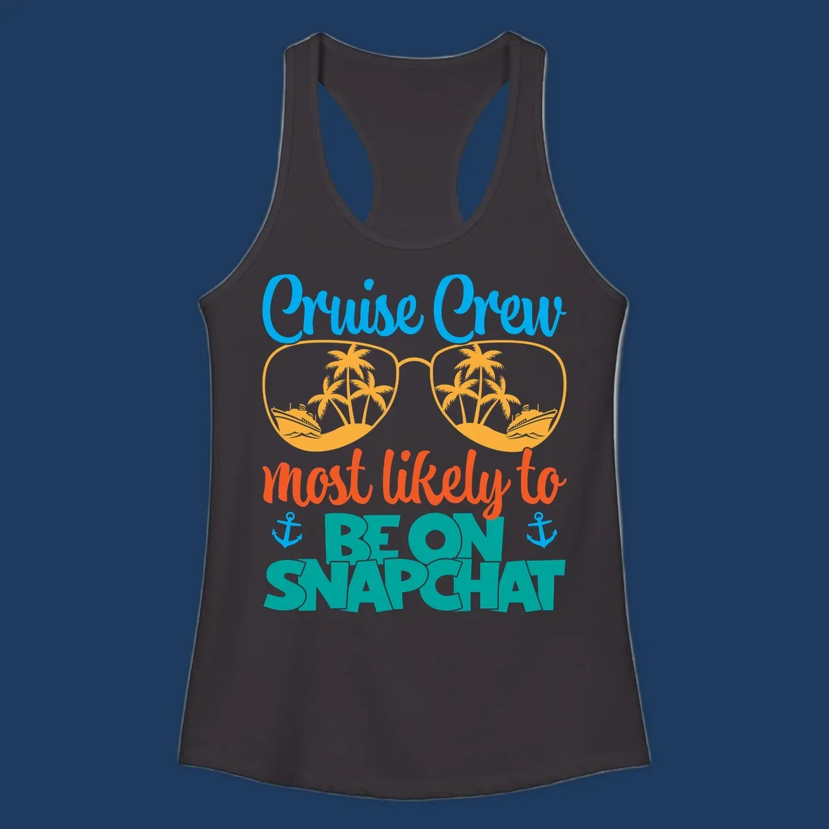 Colorful cruise crew snapchat design with sunglasses containing palm trees and ships, tropical nautical theme
