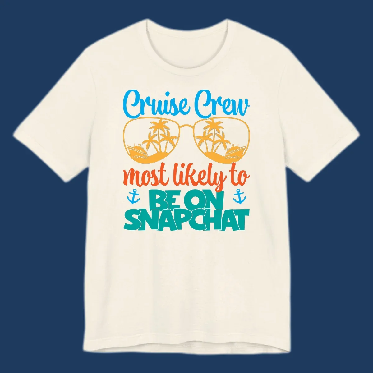 Colorful cruise crew snapchat design with sunglasses containing palm trees and ships, tropical nautical theme