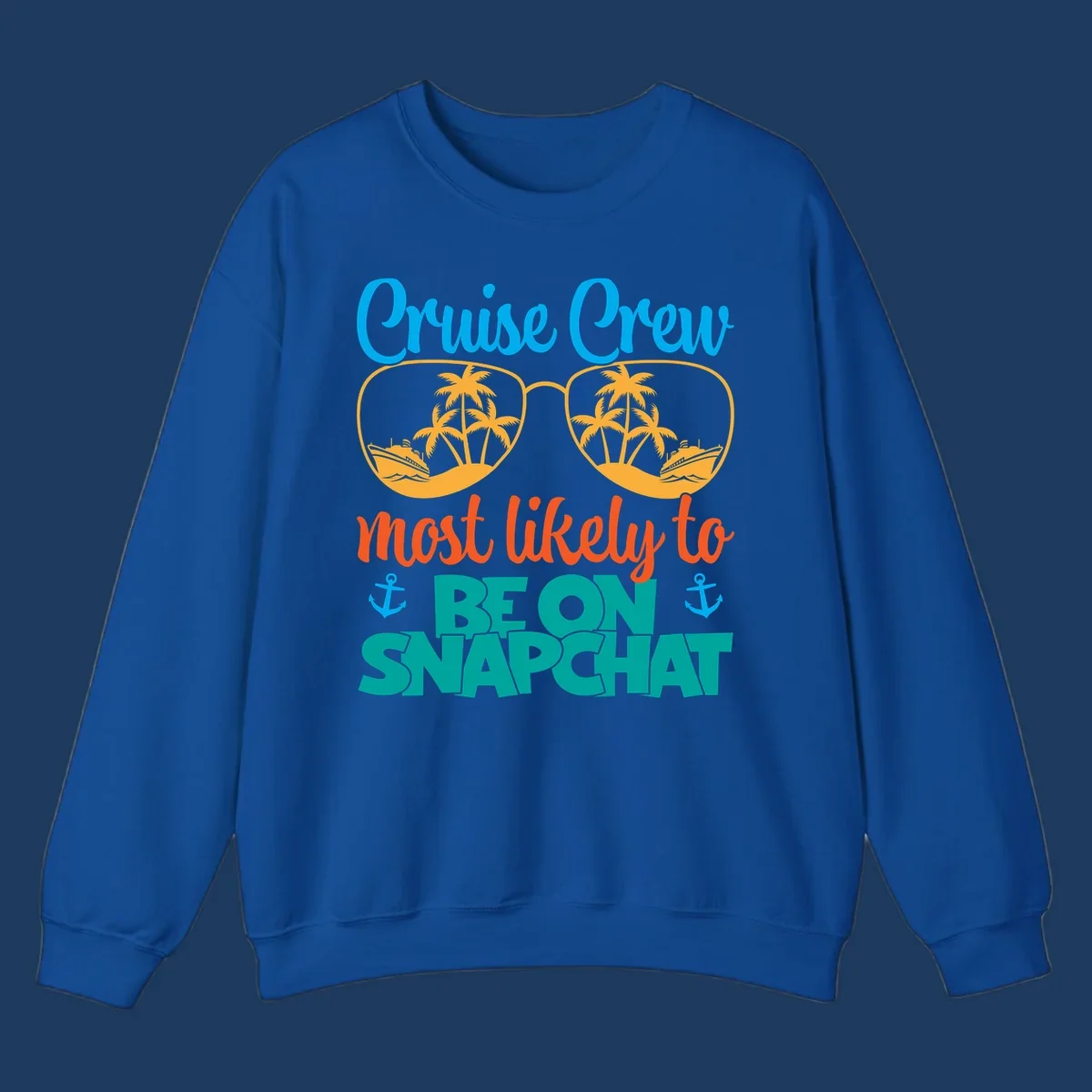 Colorful cruise crew snapchat design with sunglasses containing palm trees and ships, tropical nautical theme