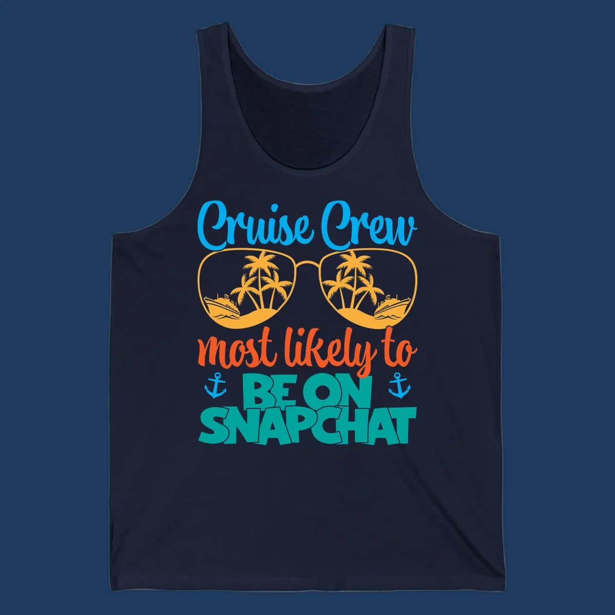 Colorful cruise crew snapchat design with sunglasses containing palm trees and ships, tropical nautical theme