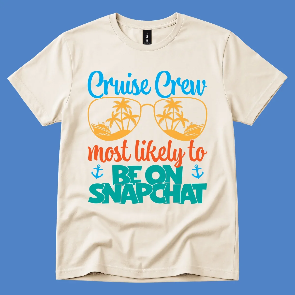 Colorful cruise crew snapchat design with sunglasses containing palm trees and ships, tropical nautical theme