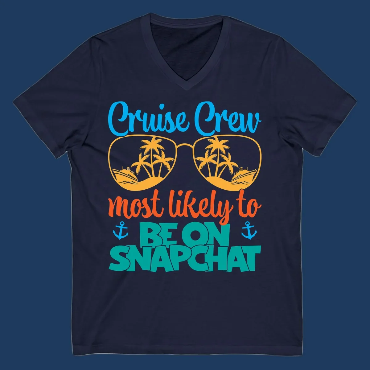 Colorful cruise crew snapchat design with sunglasses containing palm trees and ships, tropical nautical theme