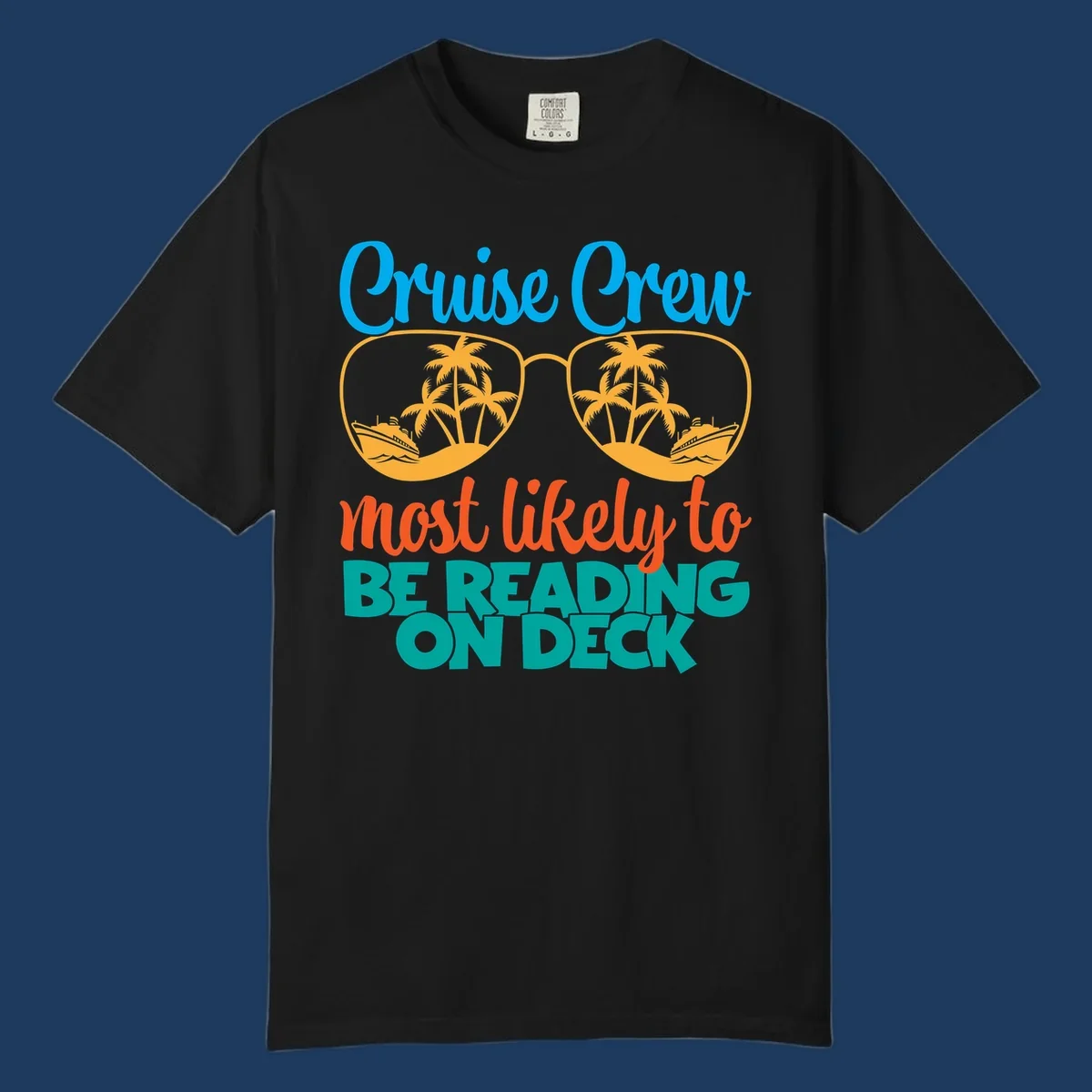 Cruise crew reading ondeck design with sunglasses containing tropical beach and ship scenes, playful text overlay