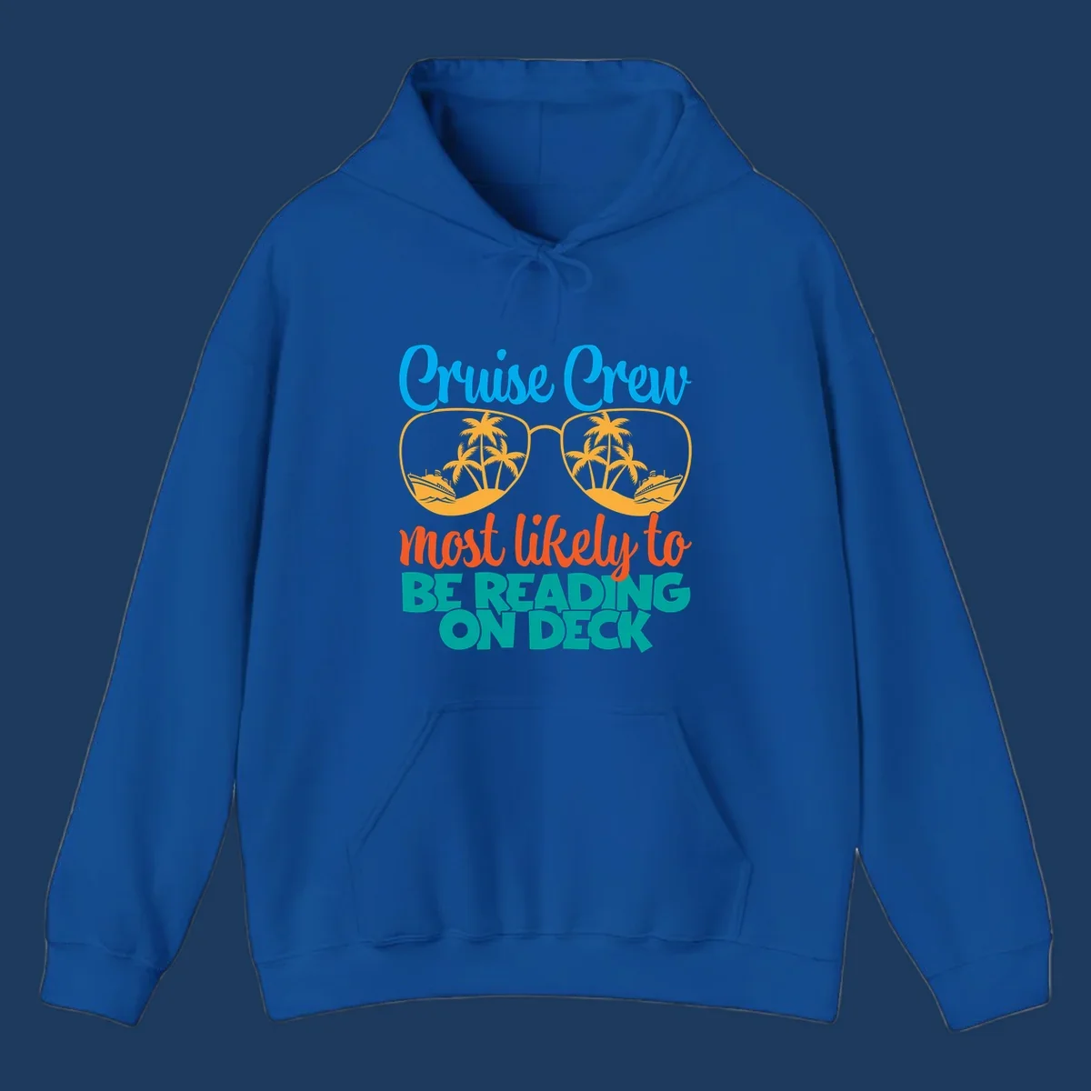 Cruise crew reading ondeck design with sunglasses containing tropical beach and ship scenes, playful text overlay