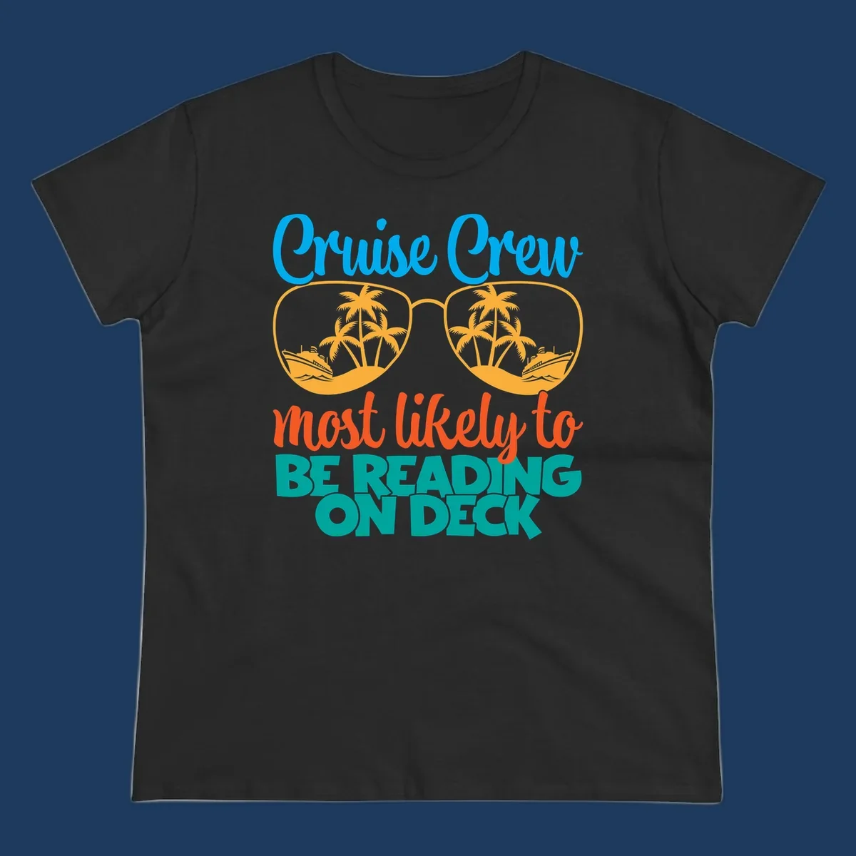 Cruise crew reading ondeck design with sunglasses containing tropical beach and ship scenes, playful text overlay