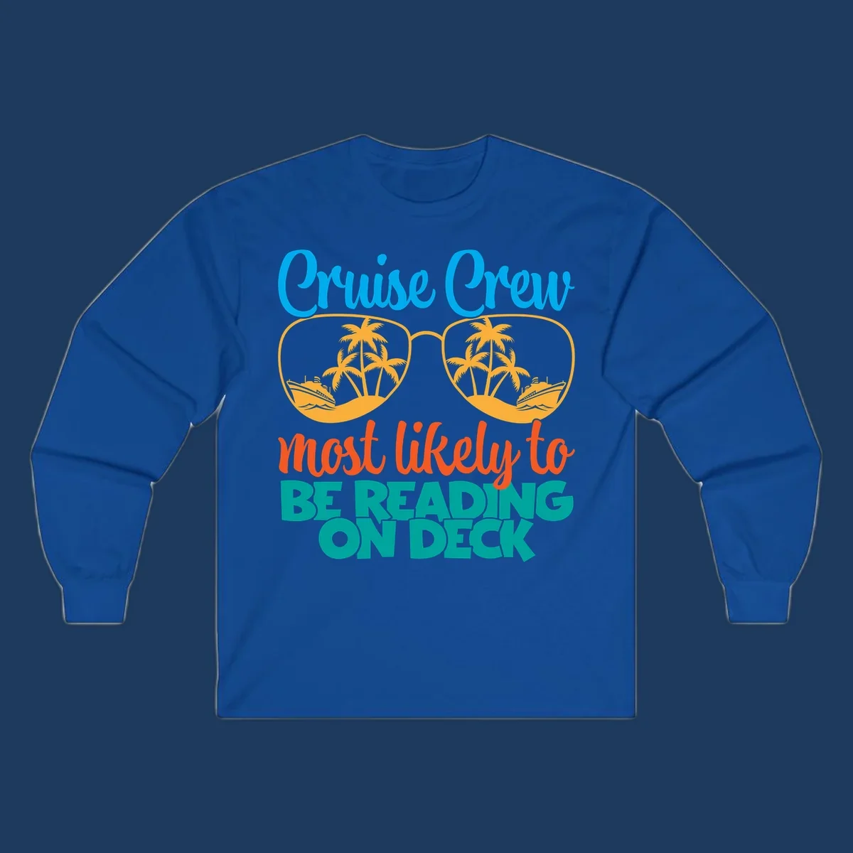 Cruise crew reading ondeck design with sunglasses containing tropical beach and ship scenes, playful text overlay