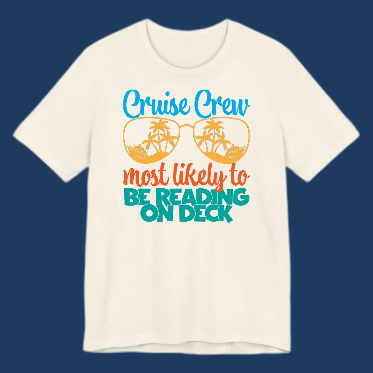 Cruise crew reading ondeck design with sunglasses containing tropical beach and ship scenes, playful text overlay