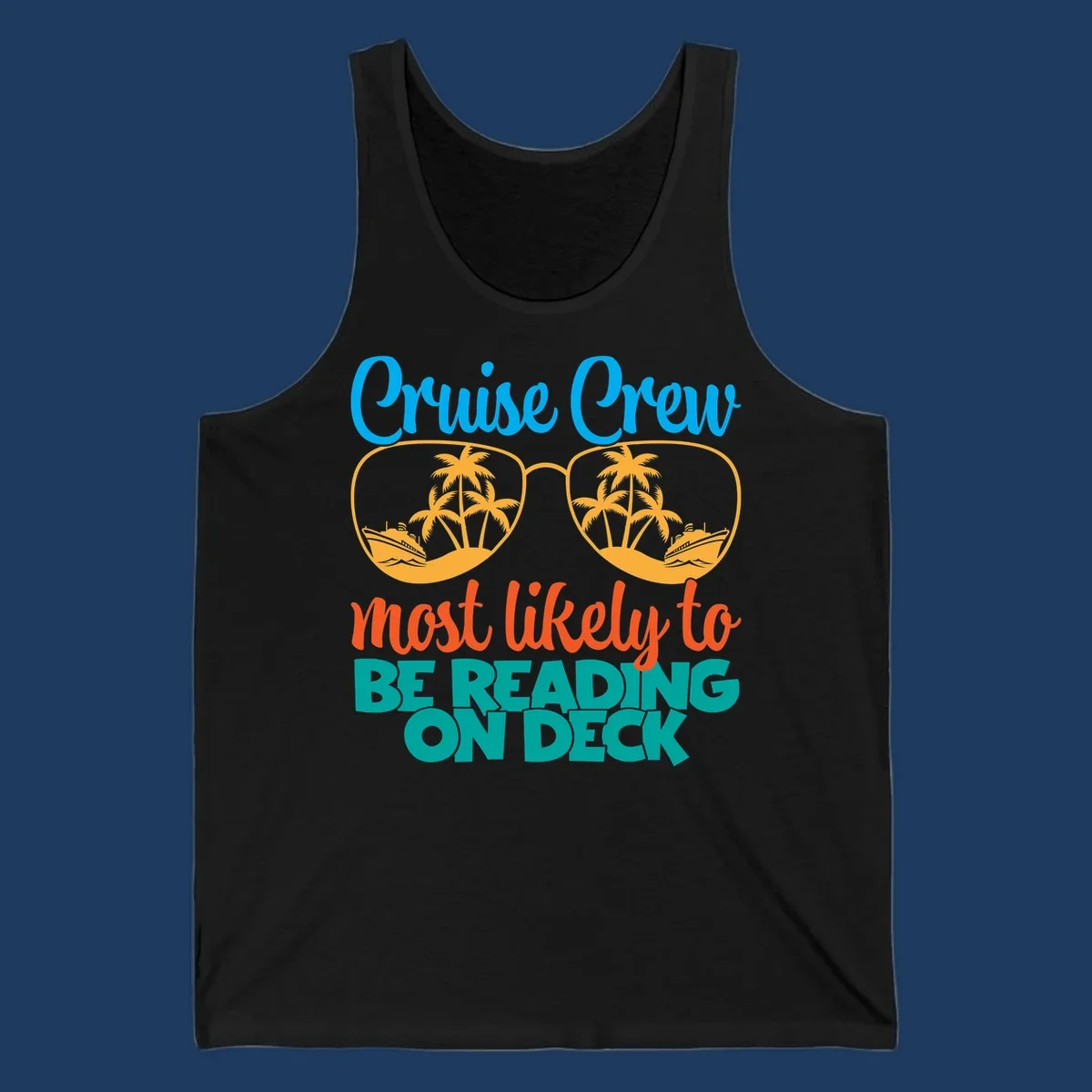 Cruise crew reading ondeck design with sunglasses containing tropical beach and ship scenes, playful text overlay