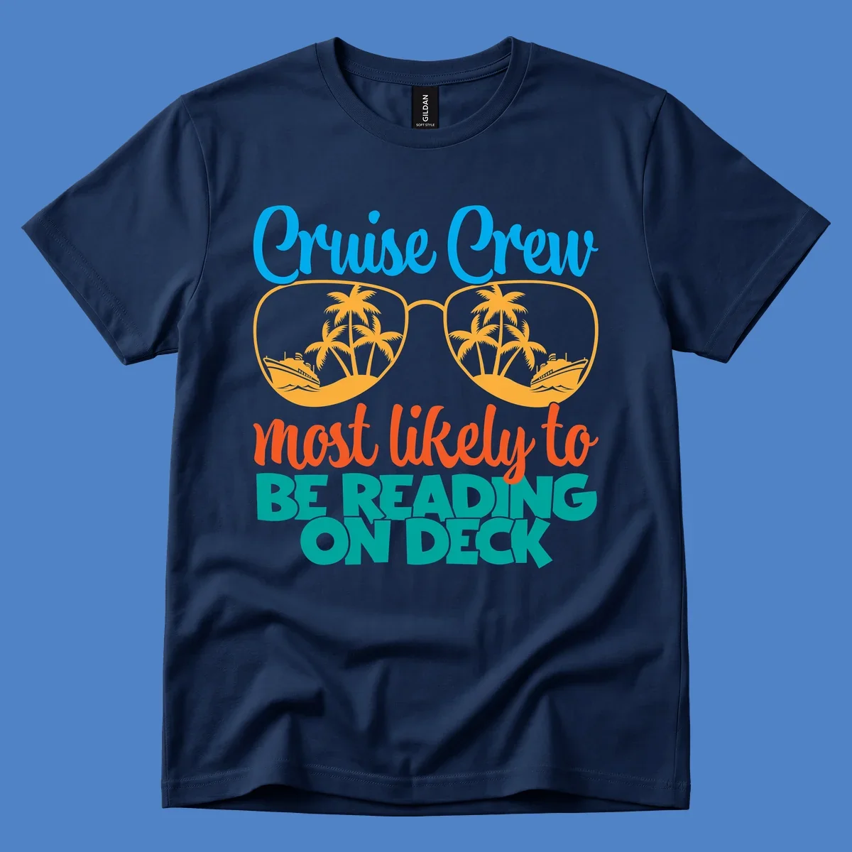 Cruise crew reading ondeck design with sunglasses containing tropical beach and ship scenes, playful text overlay