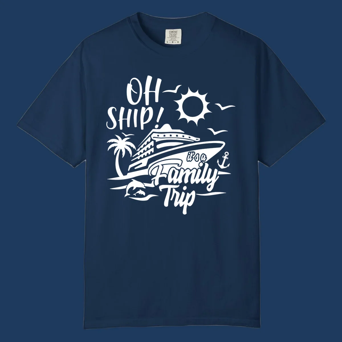 Oh ship family cruise design with cruise ship, sun, palm tree, dolphins, and anchor on tropical ocean scene.