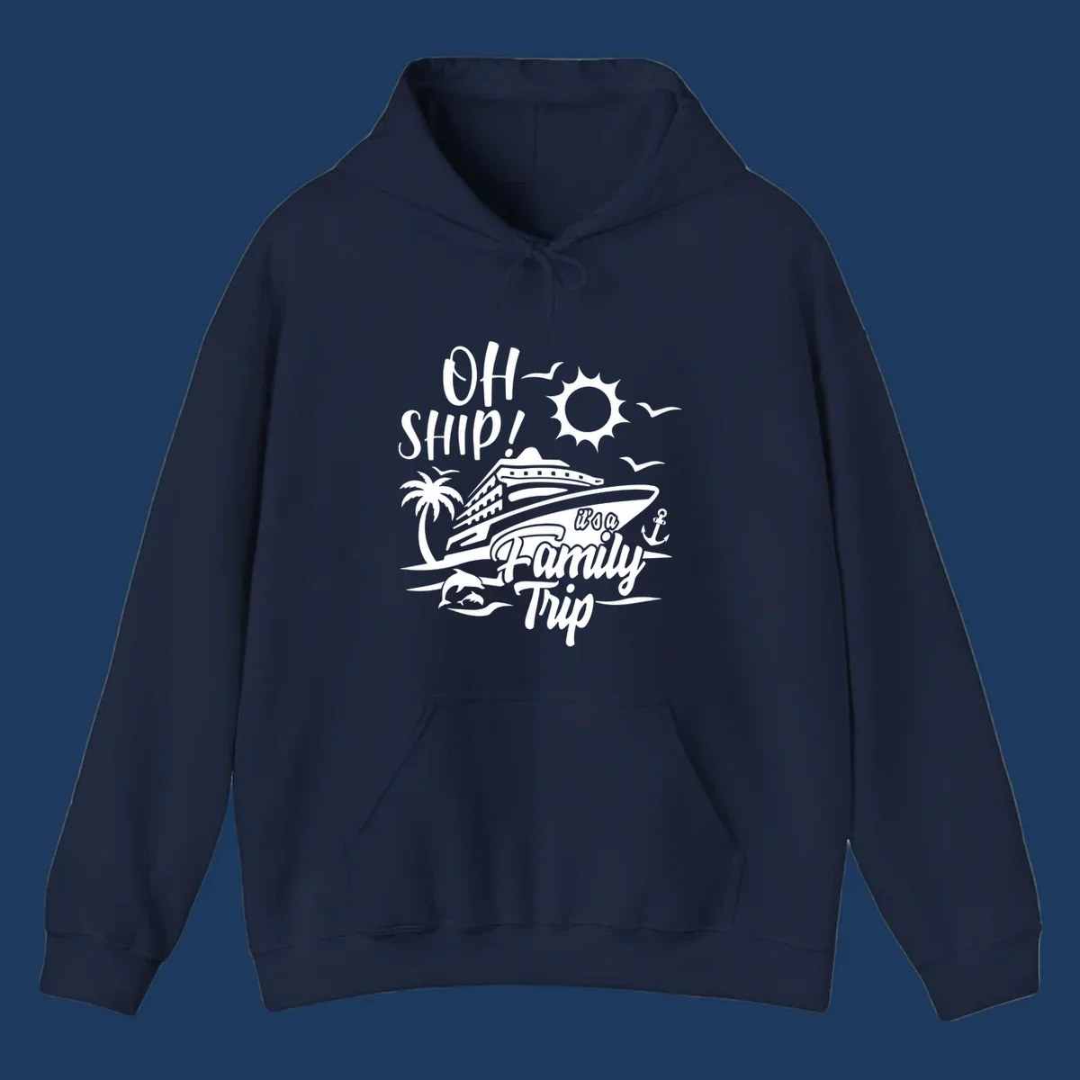 Oh ship family cruise design with cruise ship, sun, palm tree, dolphins, and anchor on tropical ocean scene.