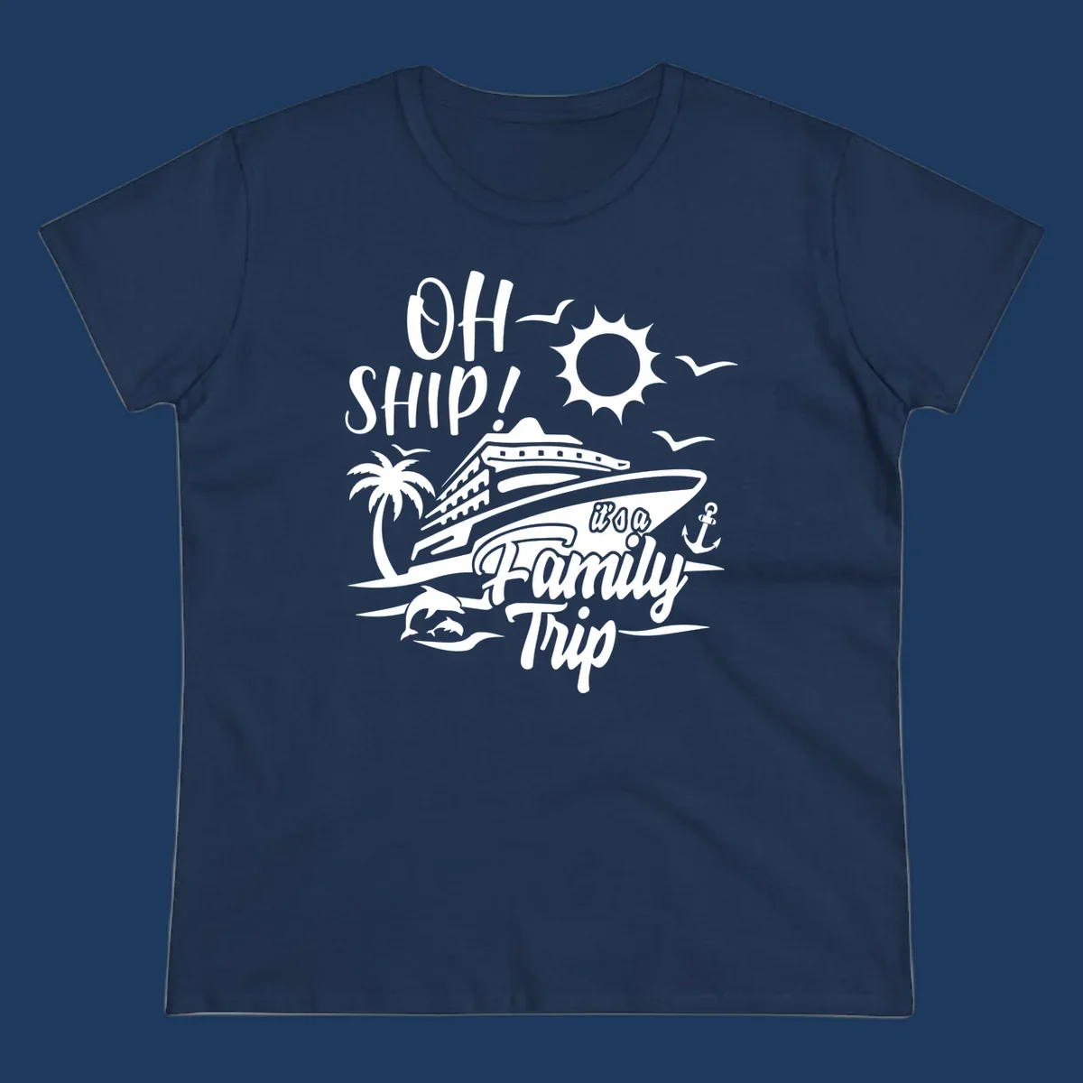 Oh ship family cruise design with cruise ship, sun, palm tree, dolphins, and anchor on tropical ocean scene.