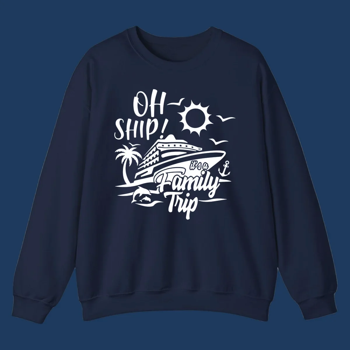 Oh ship family cruise design with cruise ship, sun, palm tree, dolphins, and anchor on tropical ocean scene.