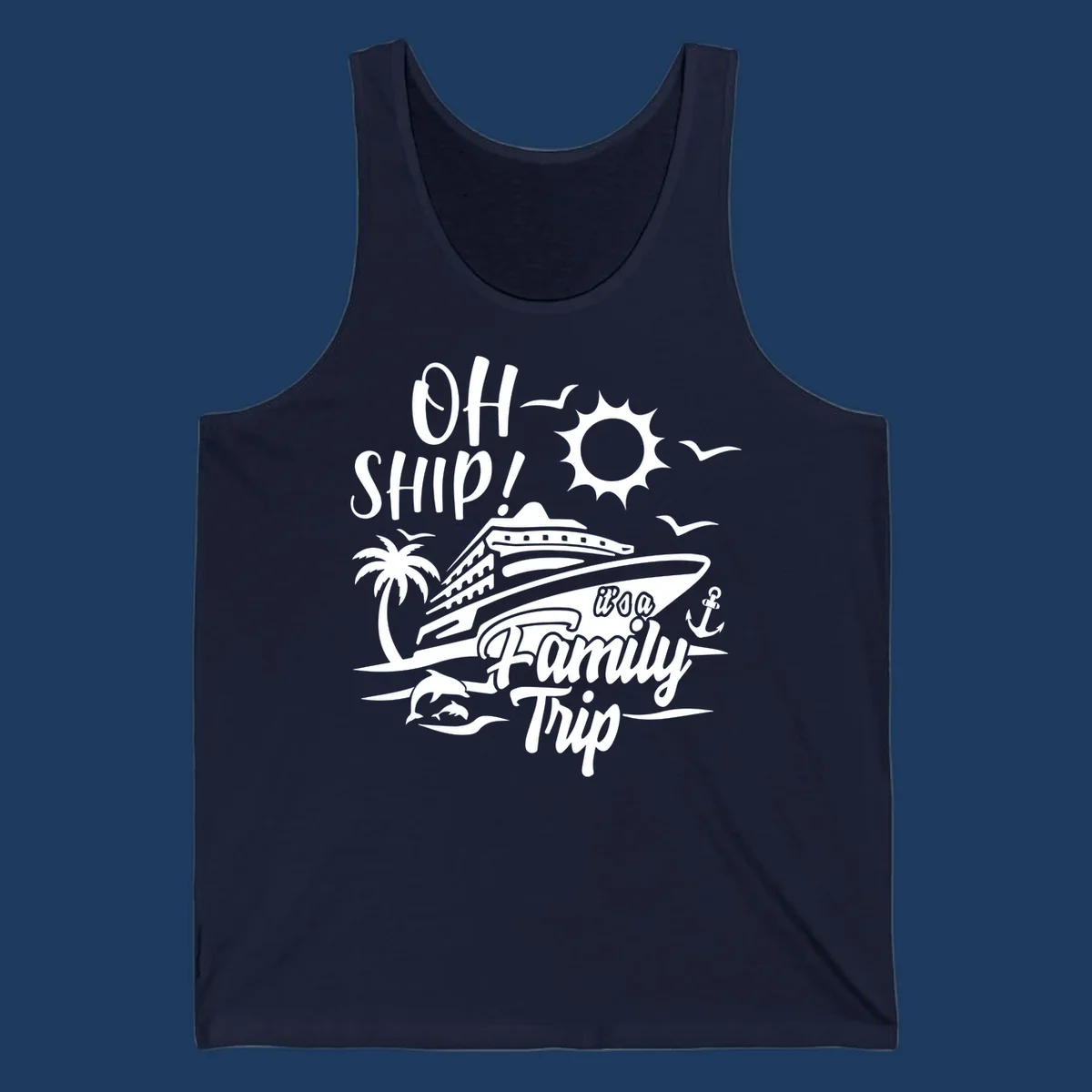 Oh ship family cruise design with cruise ship, sun, palm tree, dolphins, and anchor on tropical ocean scene.