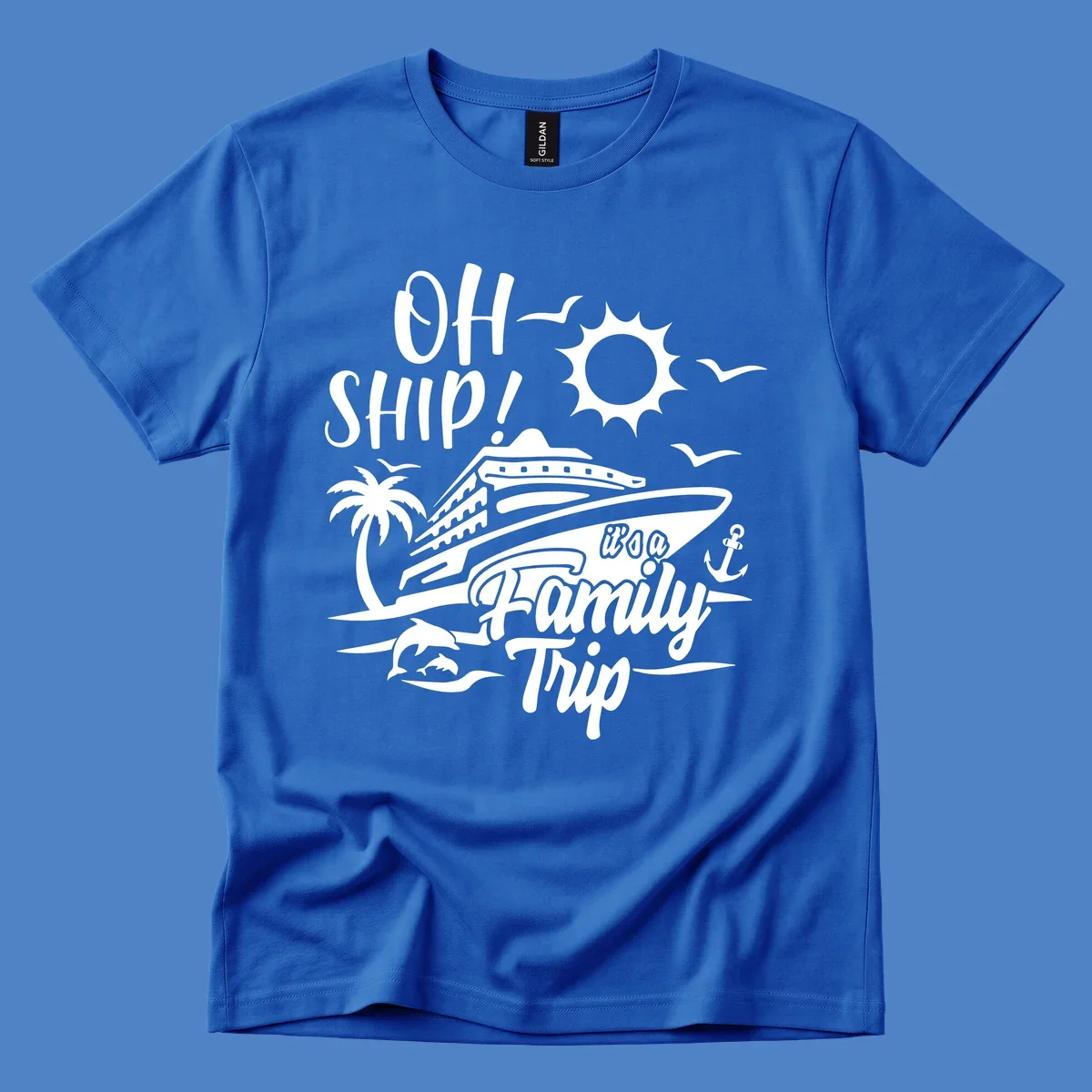 Oh ship family cruise design with cruise ship, sun, palm tree, dolphins, and anchor on tropical ocean scene.