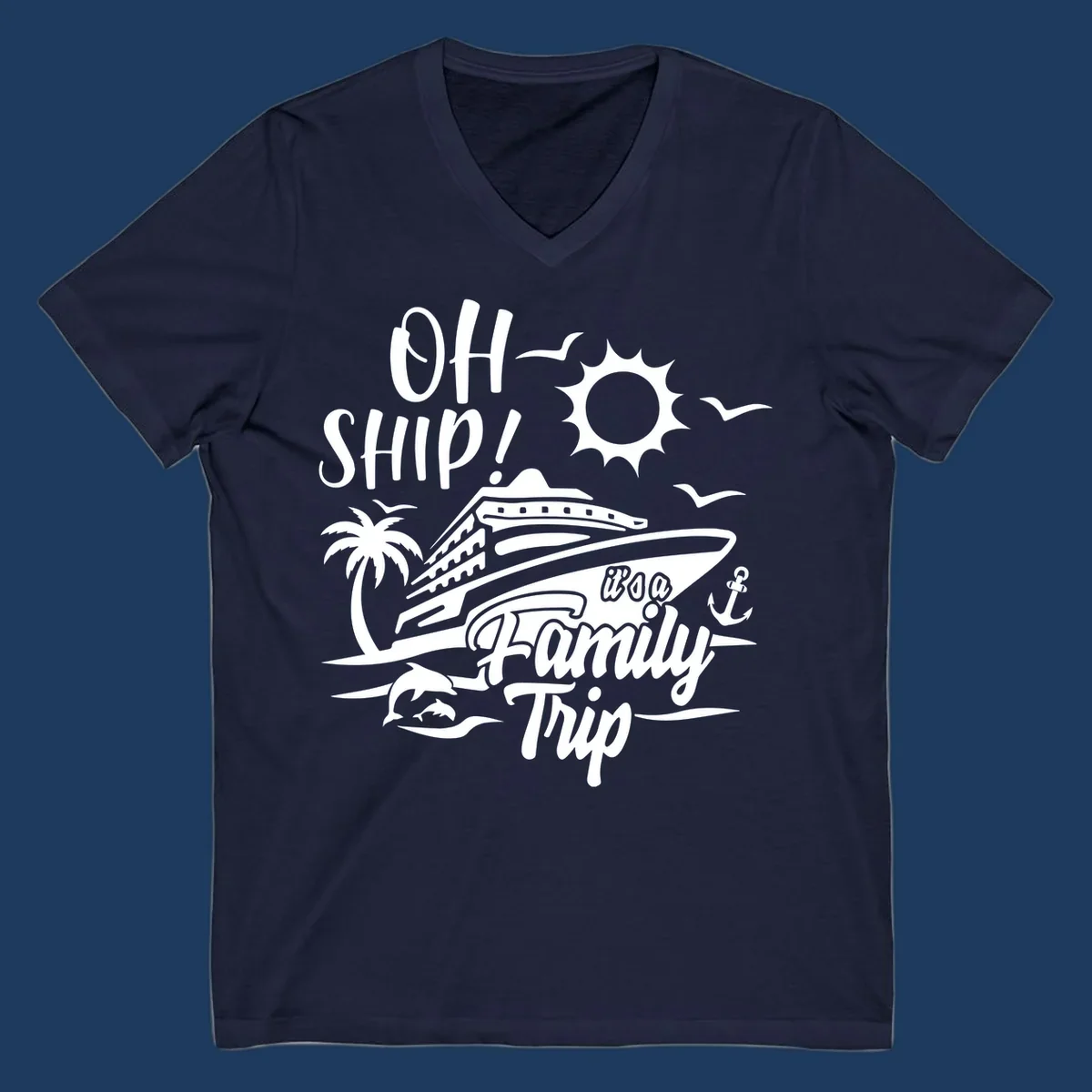 Oh ship family cruise design with cruise ship, sun, palm tree, dolphins, and anchor on tropical ocean scene.