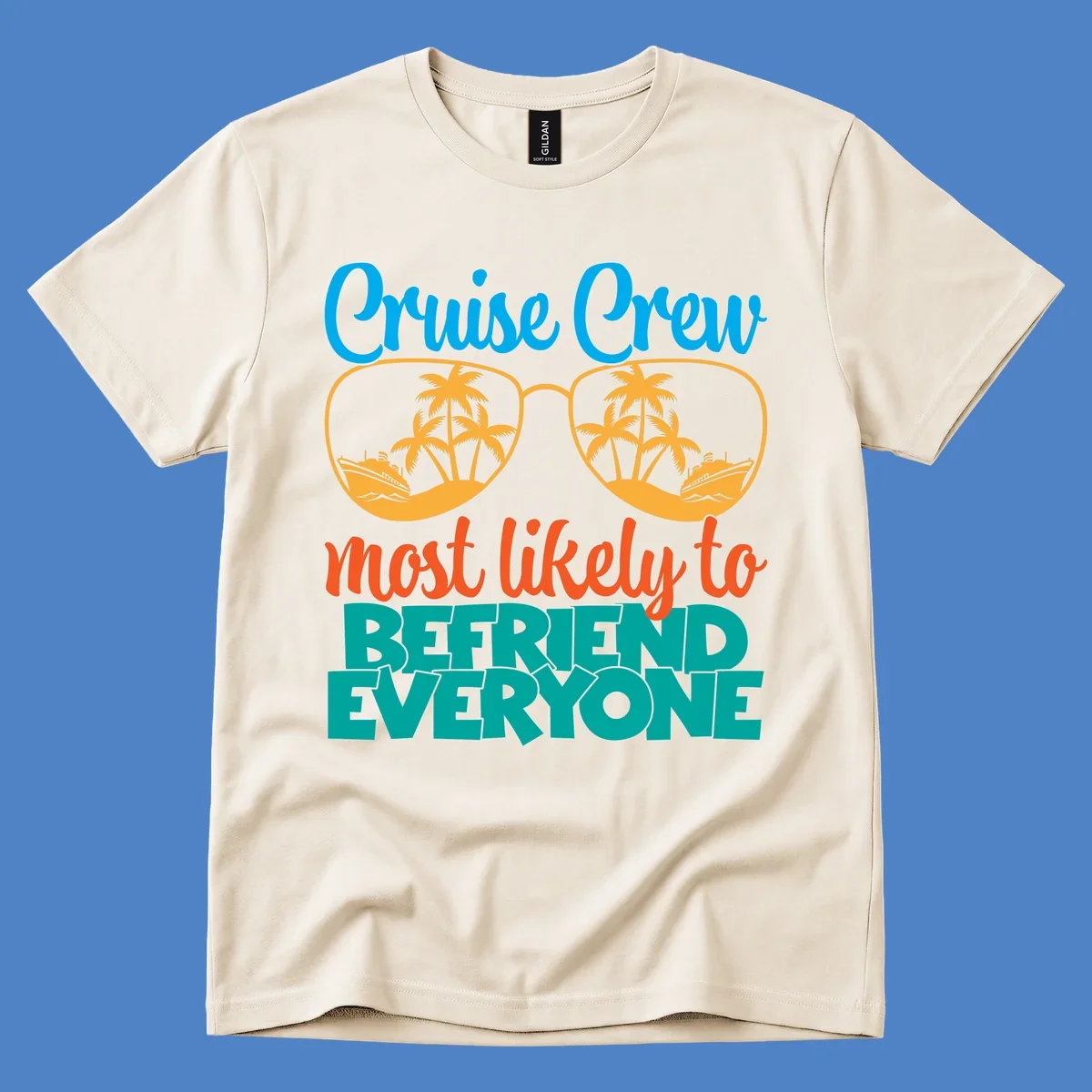 Cruise crew most likely to befriend everyone design with sunglasses reflecting tropical islands and ships