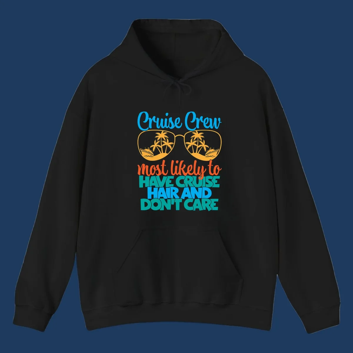 Colorful cruise hand don't care design with sunglasses, palm trees, and cruise ships