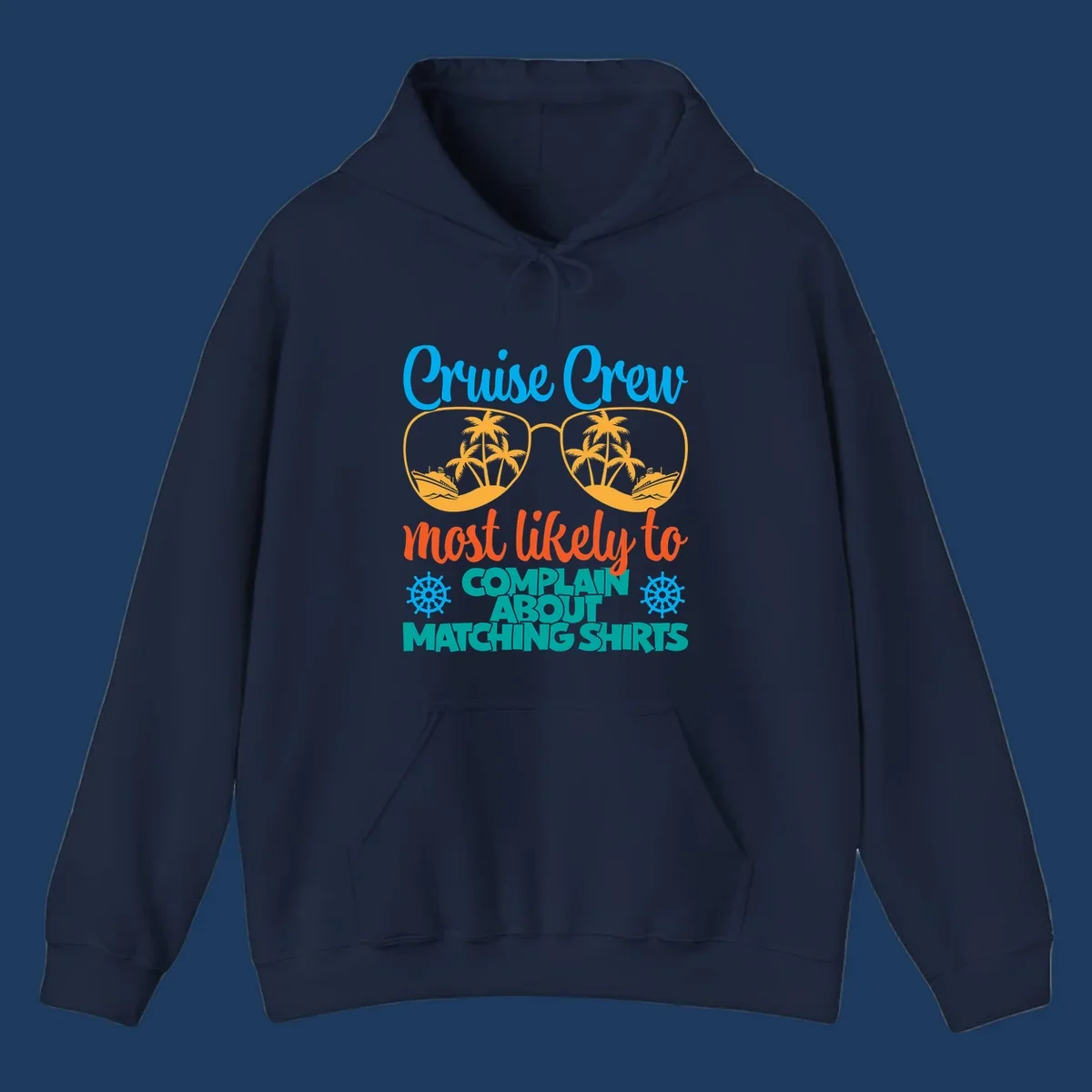 Cruise crew matching shirts design with sunglasses containing tropical beach scenes, palm trees, and ships with humorous complaint text