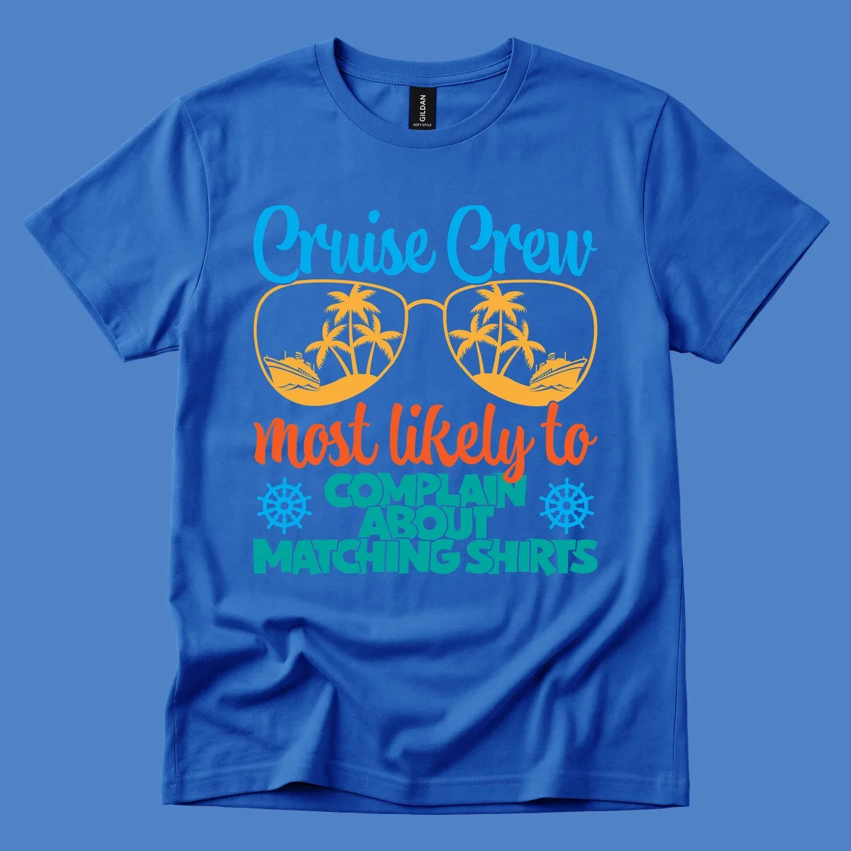 Cruise crew matching shirts design with sunglasses containing tropical beach scenes, palm trees, and ships with humorous complaint text