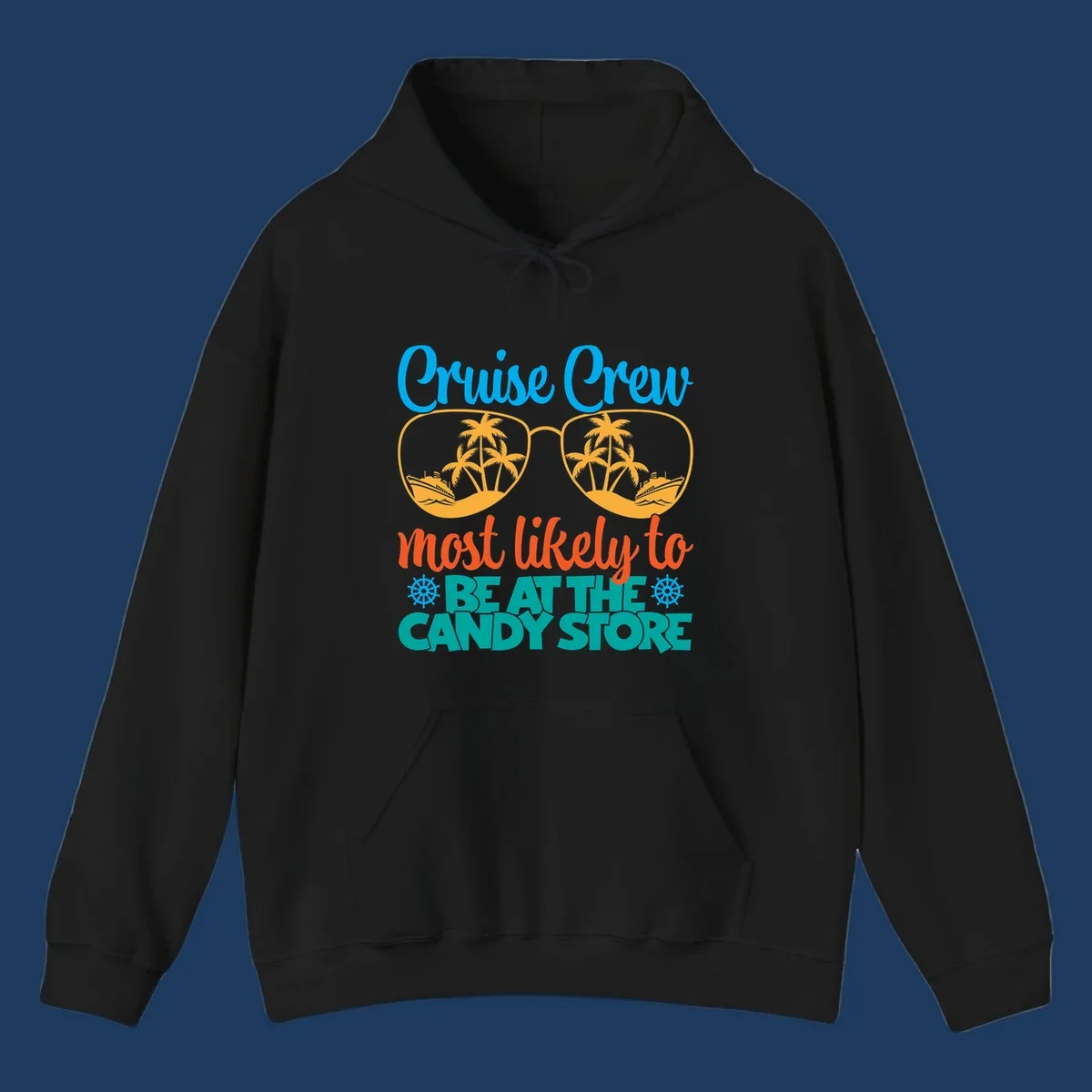 Colorful cruise crew graphic with sunglasses containing palm trees and ships, text reads 'most likely to breathe candy store'