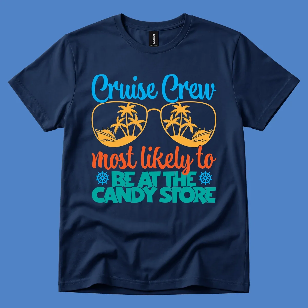 Colorful cruise crew graphic with sunglasses containing palm trees and ships, text reads 'most likely to breathe candy store'