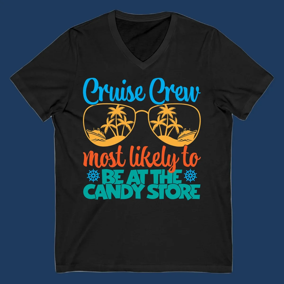 Colorful cruise crew graphic with sunglasses containing palm trees and ships, text reads 'most likely to breathe candy store'