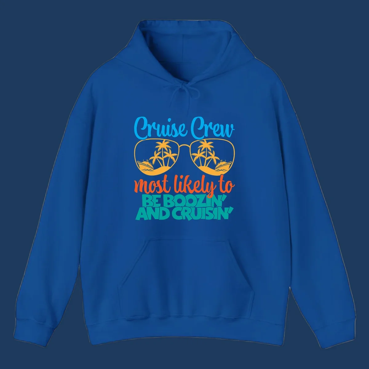 Cruise crew boozing design with sunglasses showing tropical island and ship scenes, playful text about cruising