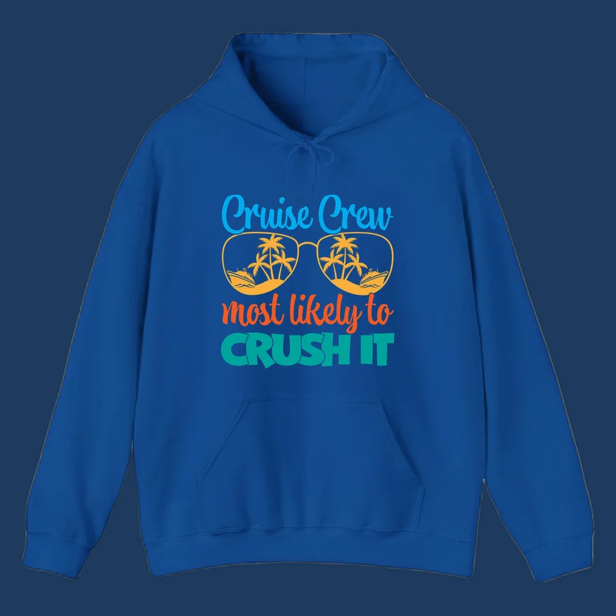 Cruise crew most likely to crush it design with sunglasses containing palm trees and ships, colorful text on gray background