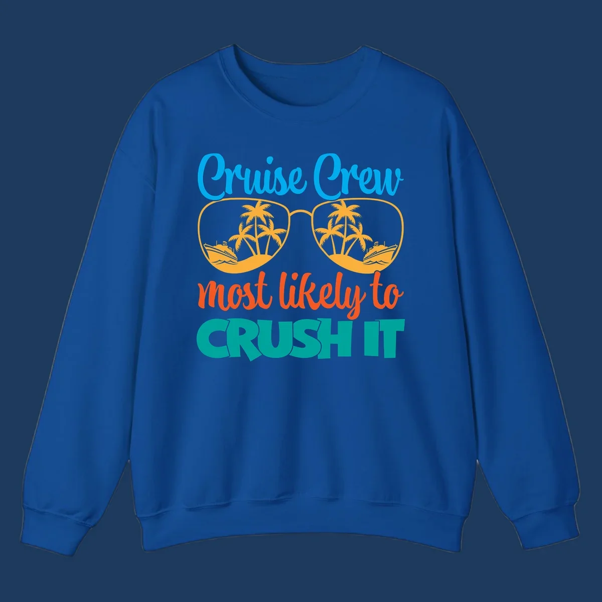 Cruise crew most likely to crush it design with sunglasses containing palm trees and ships, colorful text on gray background