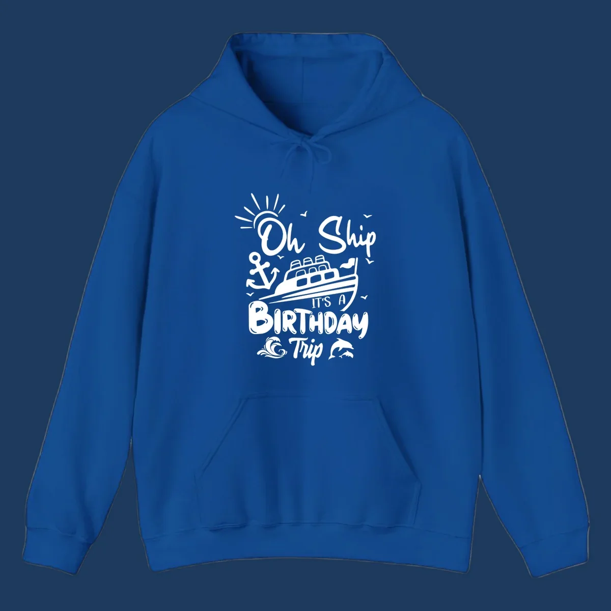 Oh Ship It's A Birthday Trip cruise design with ship, anchor, sun, seagulls, waves, and dolphins on gray background