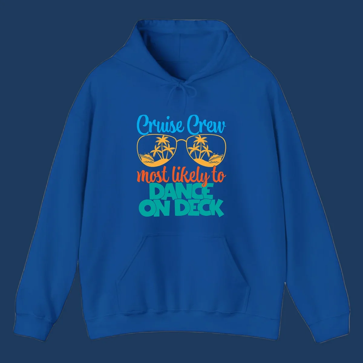 Cruise crew most likely to dance on deck design with sunglasses, palm trees, and cruise ships on gray background
