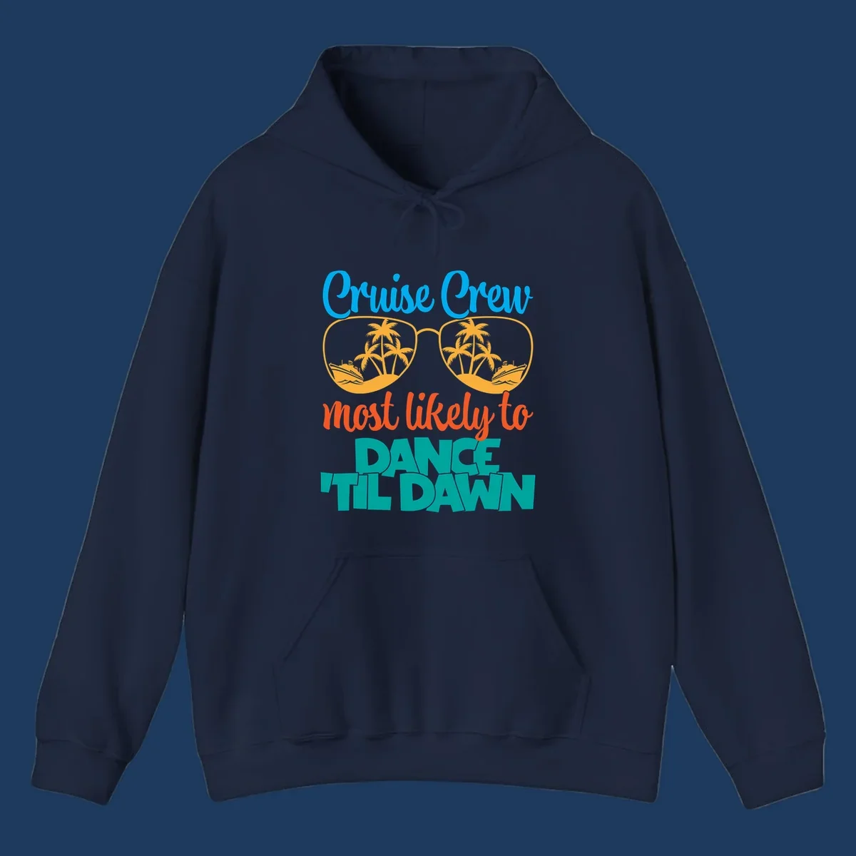 Colorful cruise crew dance till dawn design with sunglasses, palm trees, and ships in tropical scene