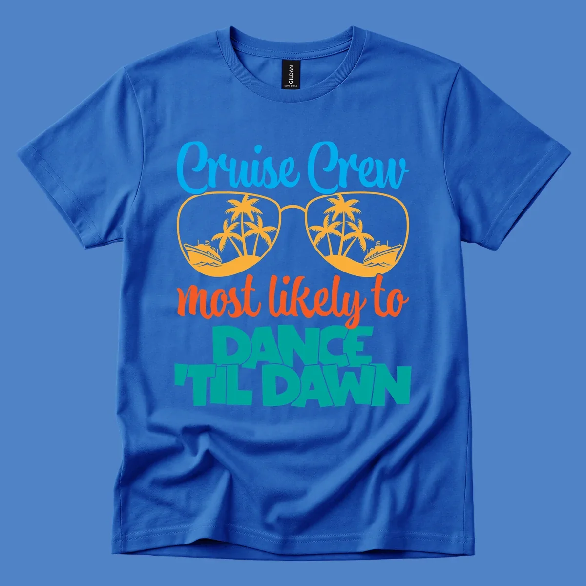 Colorful cruise crew dance till dawn design with sunglasses, palm trees, and ships in tropical scene