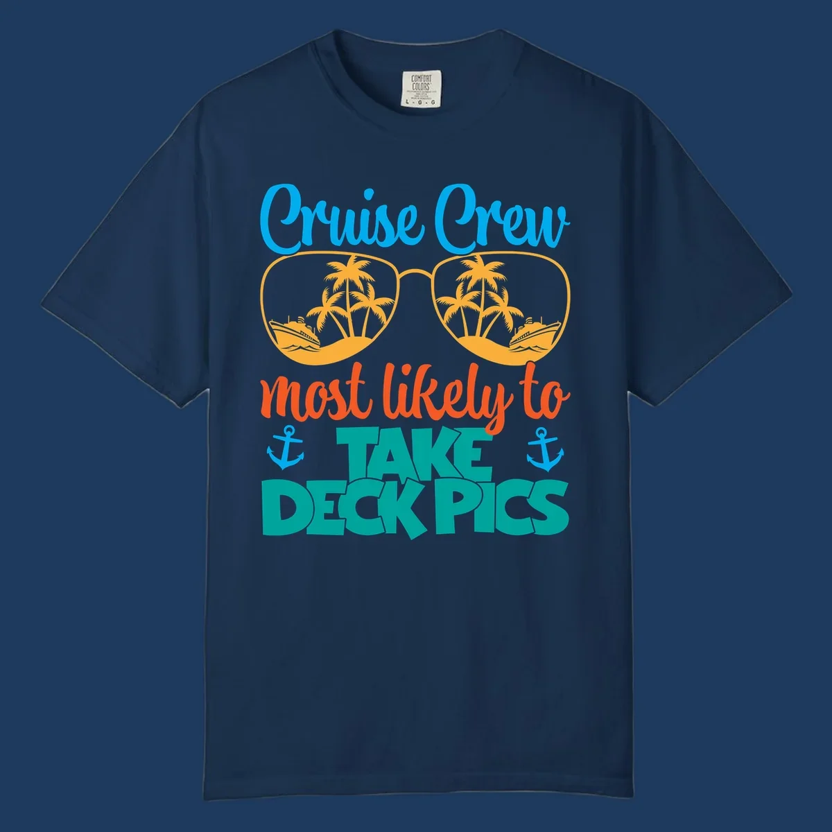 Colorful cruise crew deckpics design with sunglasses reflecting palm trees and ships, anchors, and bold tropical text