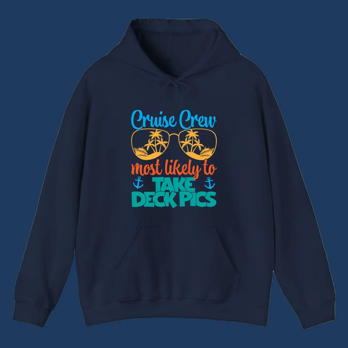 Colorful cruise crew deckpics design with sunglasses reflecting palm trees and ships, anchors, and bold tropical text