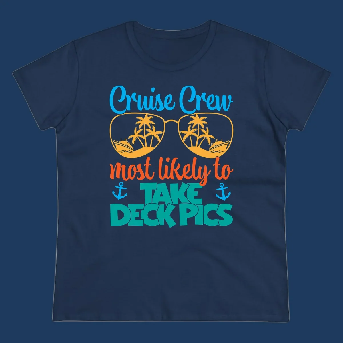 Colorful cruise crew deckpics design with sunglasses reflecting palm trees and ships, anchors, and bold tropical text
