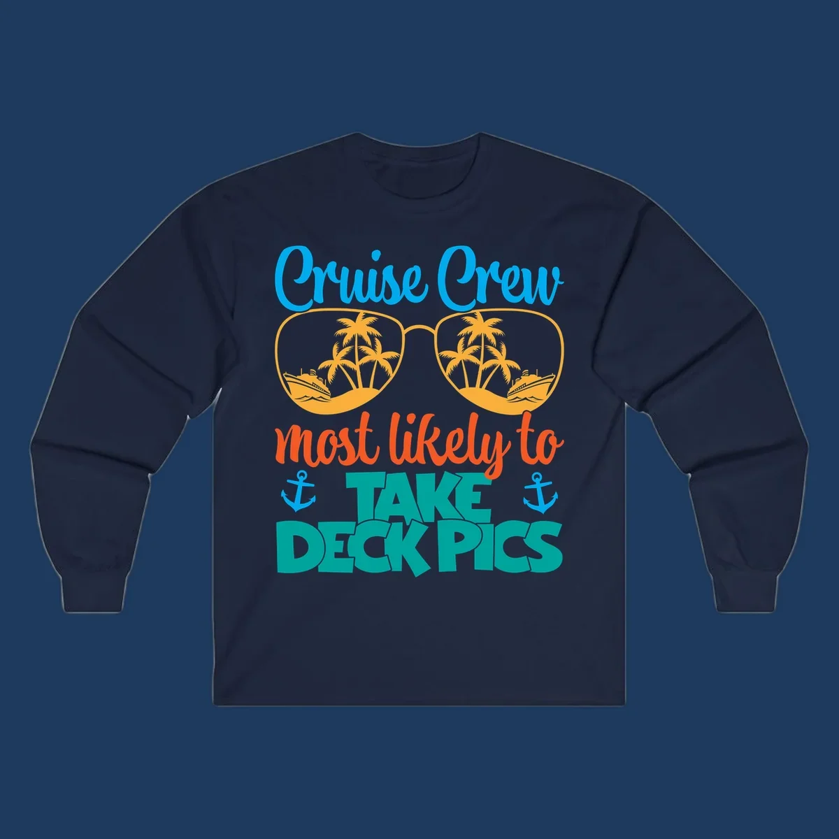 Colorful cruise crew deckpics design with sunglasses reflecting palm trees and ships, anchors, and bold tropical text