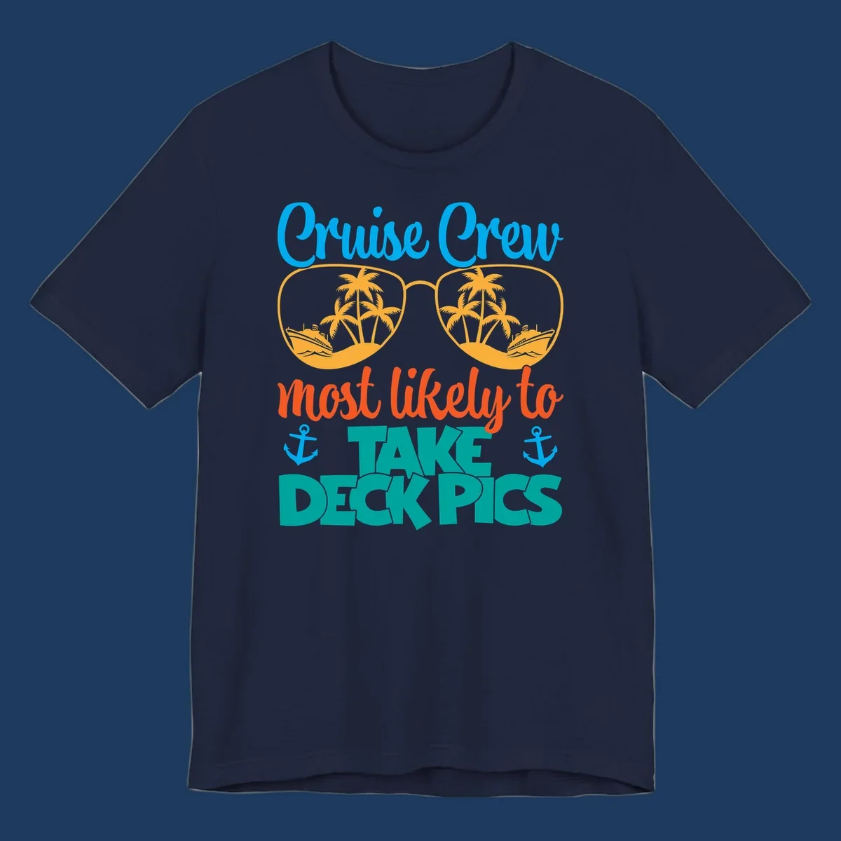Colorful cruise crew deckpics design with sunglasses reflecting palm trees and ships, anchors, and bold tropical text