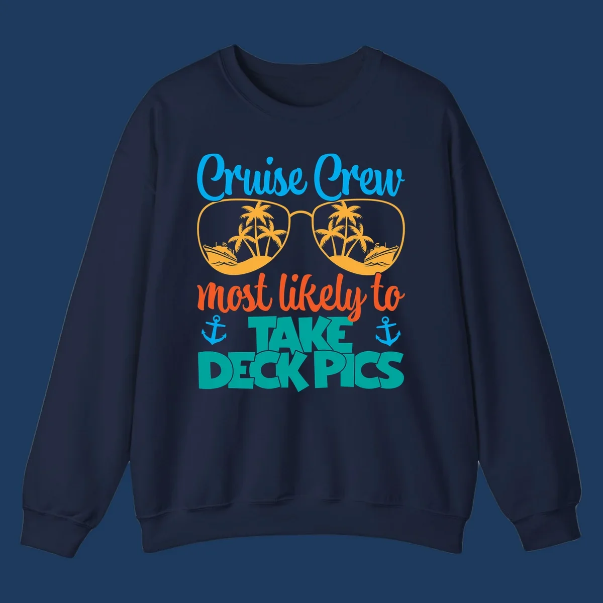 Colorful cruise crew deckpics design with sunglasses reflecting palm trees and ships, anchors, and bold tropical text