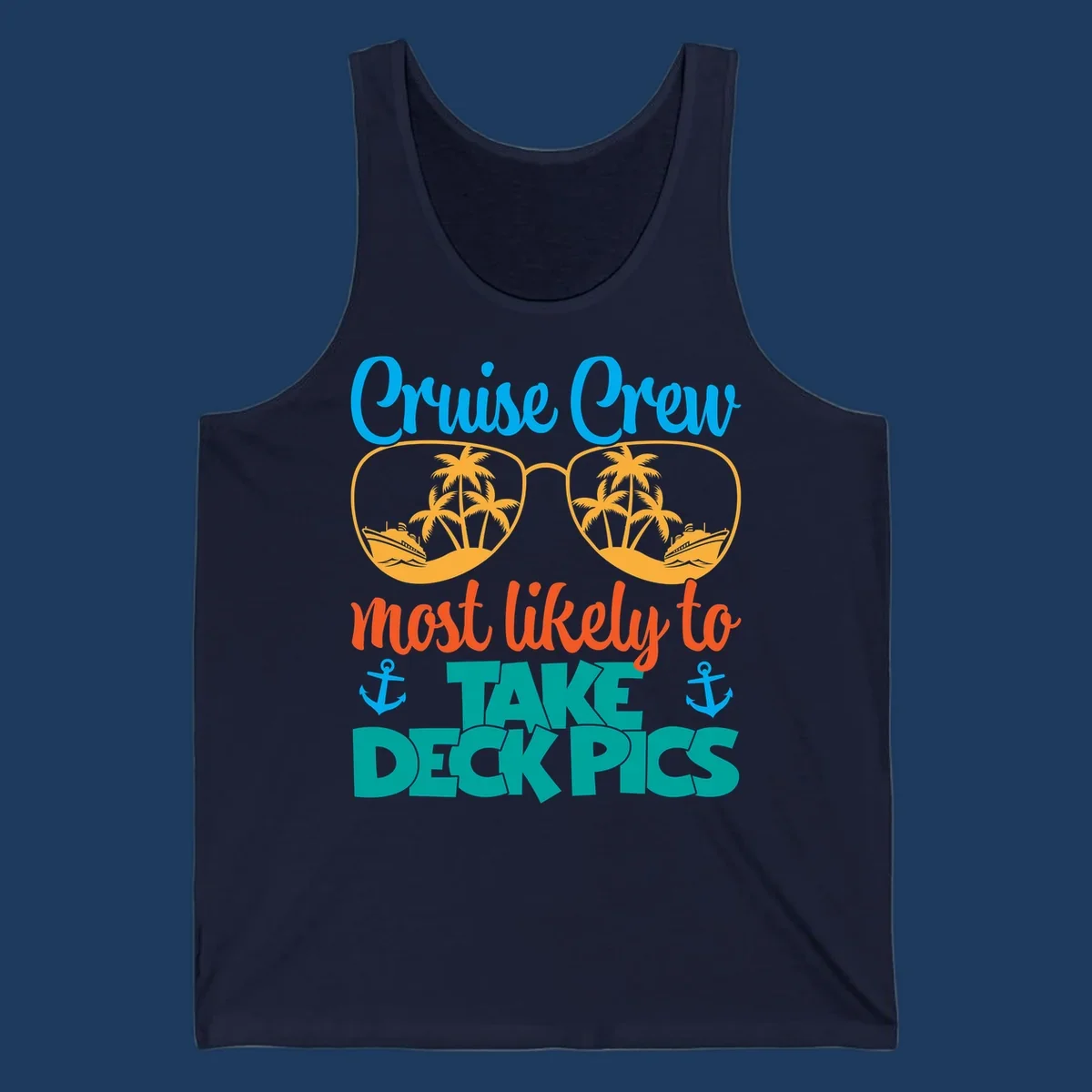 Colorful cruise crew deckpics design with sunglasses reflecting palm trees and ships, anchors, and bold tropical text
