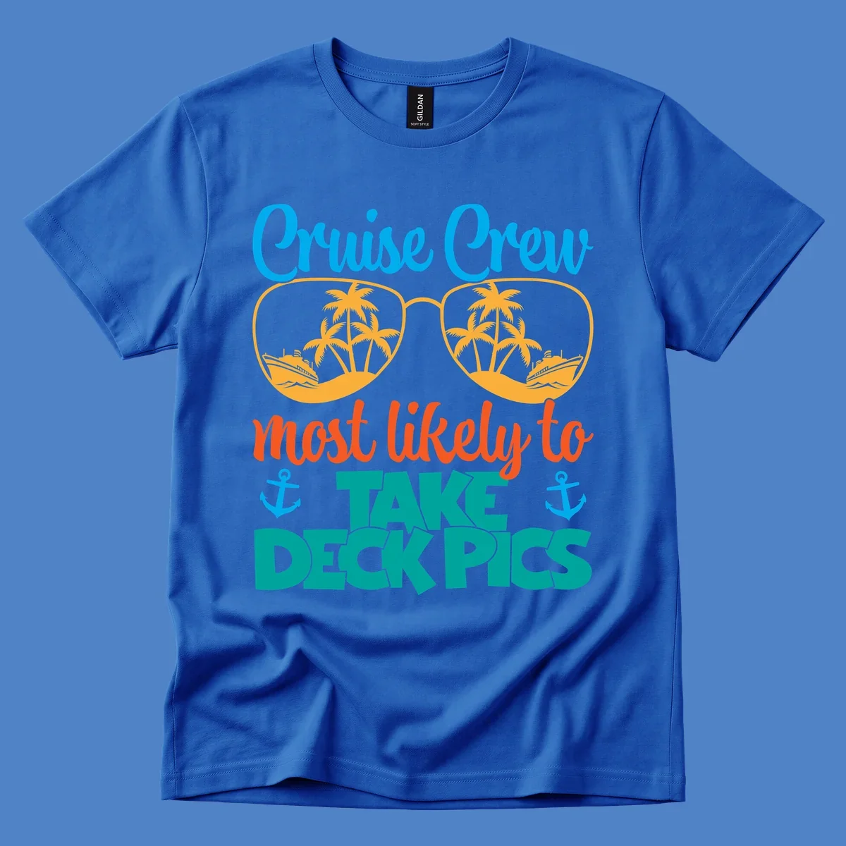 Colorful cruise crew deckpics design with sunglasses reflecting palm trees and ships, anchors, and bold tropical text